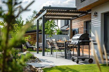 Sleek outdoor setup with pergola awning dining table metal grill and modern patio furniture. Concept Outdoor Dining, Pergola Awning, Metal Grill, Modern Patio Furniture, Sleek Setup