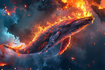 photo A whale is exploding in a volcano with a firework. The whale is orange and fiery and has a spark on its tail. The firework is colorful and loud and has a star. - obrazy, fototapety, plakaty