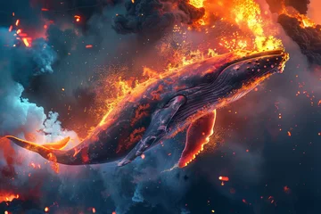 Fotobehang photo A whale is exploding in a volcano with a firework. The whale is orange and fiery and has a spark on its tail. The firework is colorful and loud and has a star. © Formoney
