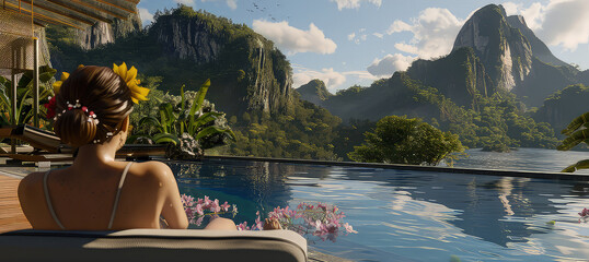 Young woman in swimsuit relaxing next to the infinity pool with jungle view during vacation retreat. Paradise found: infinity pool relaxation in the heart of the jungle.