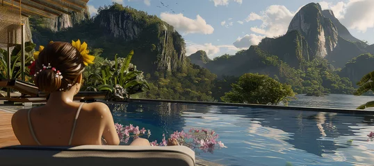 Crédence de cuisine en verre imprimé Bora Bora, Polynésie française Young woman in swimsuit relaxing next to the infinity pool with jungle view during vacation retreat. Paradise found: infinity pool relaxation in the heart of the jungle.