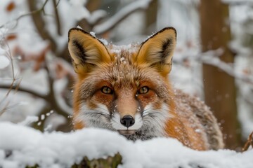 A cunning fox sneaking through the snowy forest