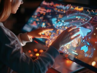A woman is touching a computer screen with her finger. The screen is displaying a map of the world with a lot of dots on it