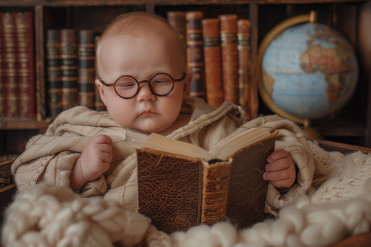 photo A newborn baby is wearing a robe and holding a book in a library.