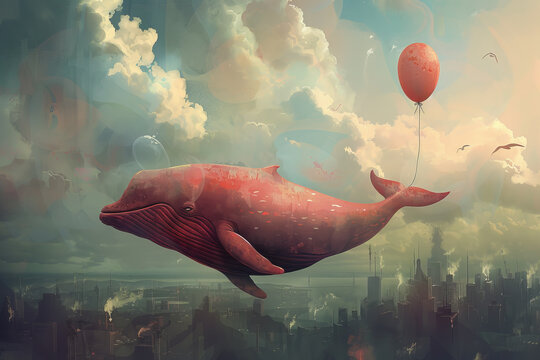 photo A whale is flying in the sky with a balloon. The whale is pink and cute and has a bow on its head.