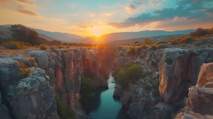 A wide mountain river, deep stone canyon, ancient granite rocks, beautiful sunset, rocky river, cloudy sky, mountain landscape Ai generated 
