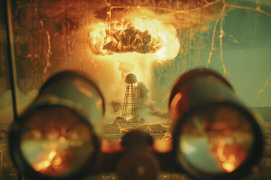A close-up shot of a nuclear explosion, the mushroom cloud seen through a pair of binoculars. The focus is on the observer perspective of the explosion