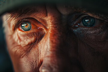 A close-up shot of a war veteran face as they see their home for the first time after returning from service. The focus is on their emotional expression.