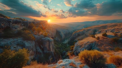 A wide mountain river, deep stone canyon, ancient granite rocks, beautiful sunset, rocky river, cloudy sky, mountain landscape Ai generated  - obrazy, fototapety, plakaty