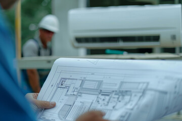 A close-up shot of an air conditioner installer checking a blueprint. The focus is on the blueprint, with the installer studying it in the background