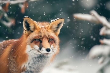 A cunning fox sneaking through the snowy forest - obrazy, fototapety, plakaty