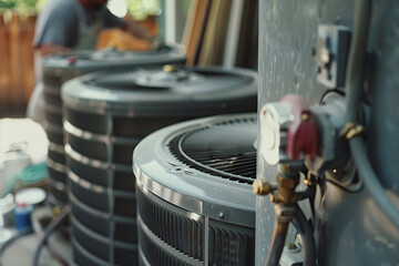 A close-up shot of an air conditioner installer tools. The focus is on the intricate details of the tools, with the installer at work in the background - obrazy, fototapety, plakaty