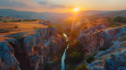 Wandcirkels tuinposter A wide mountain river, deep stone canyon, ancient granite rocks, beautiful sunset, rocky river, cloudy sky, mountain landscape Ai generated  © Hamid