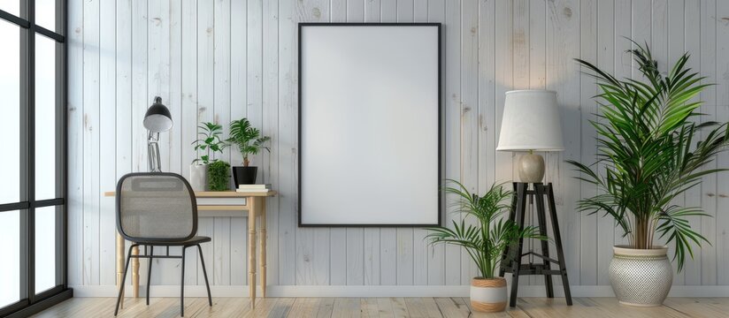 A mock-up of a poster frame is displayed in an office interior alongside a desk, lamp, plants, and chair, against a background of white wooden walls and floors.