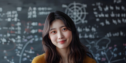 A confident and intelligent young Asian woman smiles in front of a blackboard filled with complex mathematical and physics problems.
