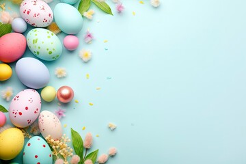 Fototapeta na wymiar Decorated Easter eggs and space for text on color background, top view - generative ai