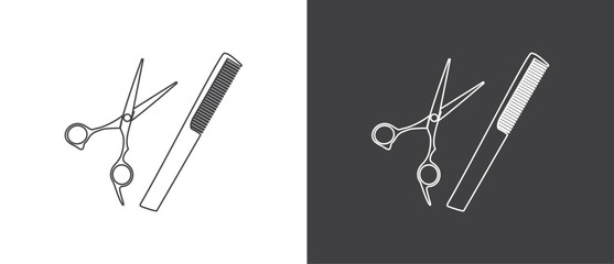 Hair cut salon icon. Scissors and comb icon. Barbershop , salon, hairdresser, haircut, hairdresser symbol or hair cutting tool icon. Barber shop vector stock illustration. - obrazy, fototapety, plakaty