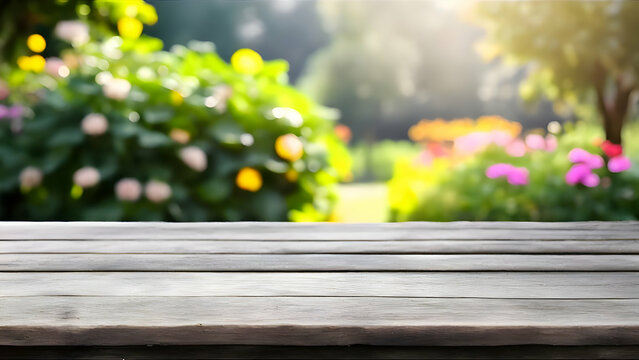 Table, grey, wooden table, summer, board, garden, spring, sun, sunlight, outdoor, forest, park, grass, nature ,table and flowers, background, wallpaper 