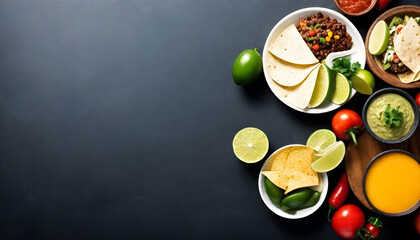 mexican food on a dark background with copy space - obrazy, fototapety, plakaty