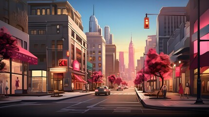 Illustration of a city street at sunset. 3D rendering.