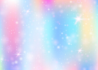 Holographic background with rainbow mesh. Cute universe banner in princess colors. Fantasy gradient backdrop with hologram. Holographic magic background with fairy sparkles, stars and blurs.