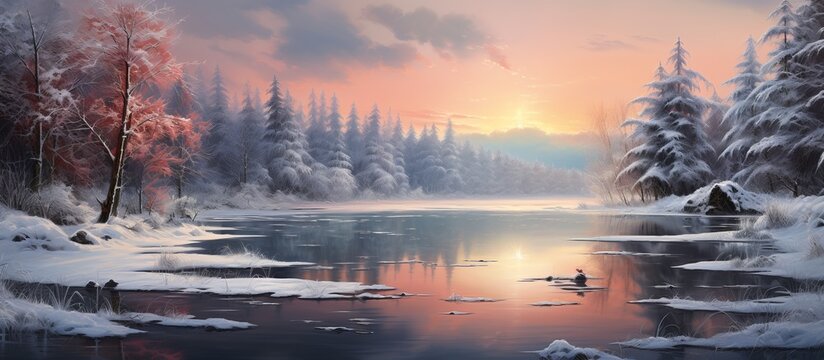 A natural landscape painting of a snowy river with snowcovered trees under a dusk sky, reflecting the afterglow of sunset on the horizon
