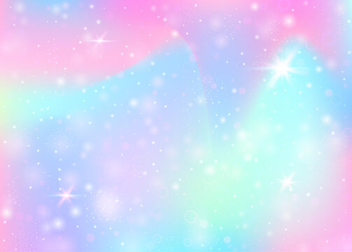 Unicorn background with rainbow mesh. Liquid universe banner in princess colors. Fantasy gradient backdrop with hologram. Holographic unicorn background with magic sparkles, stars and blurs.