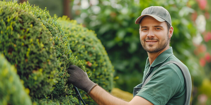 Photo of an attractive young male gardener with a smile on his face, standing next to a bush and trimming it with scissors in a topiary shape with copy space on the left.