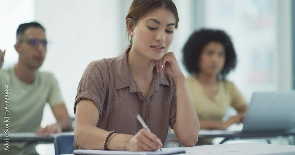 Poster students, writing and book in lecture at university for learning, education or knowledge with schola