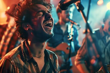 A group of musicians playing in a band, their faces filled with passion and energy. - obrazy, fototapety, plakaty