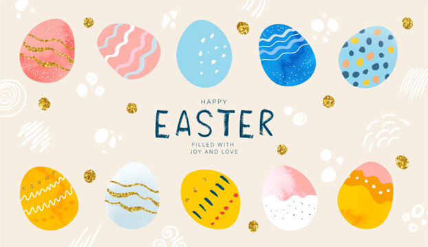 Set of Easter decorated eggs. Happy Easter banner with handwritten inscription, hand-drawn dots and strokes, gold sequins and eggs. Horizontal poster, greeting card, website header