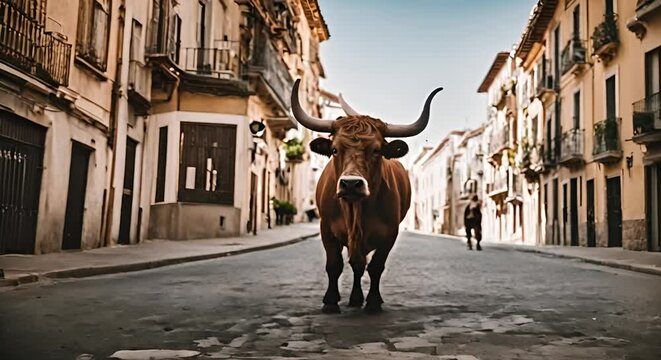 Bull in a street in San Fermin.