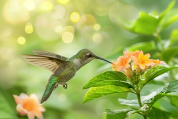 Fototapeta premium A hummingbird drinking nectar from a flower