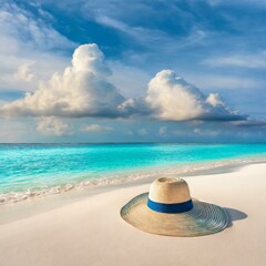 Fototapeta na wymiar sea beach with sky, clouds and hat