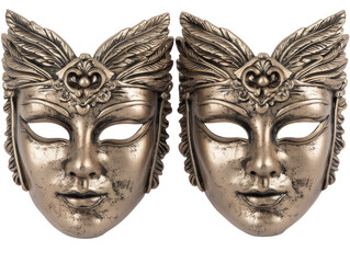 due maschere anticate d'oro png, ideali per sovrapposizione fotografica, maschere d'oro