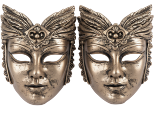 due maschere anticate d'oro png, ideali per sovrapposizione fotografica, maschere d'oro