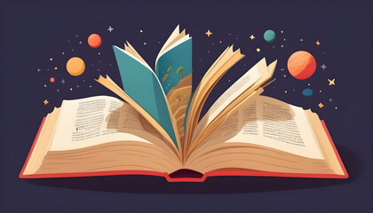 Flat design cartoon World Book Day illustration. Open book with stories coming out of the pages created with generative ai