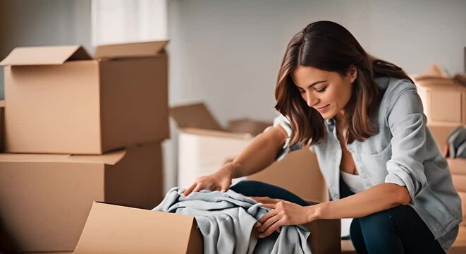 Woman packing clothes in boxes.