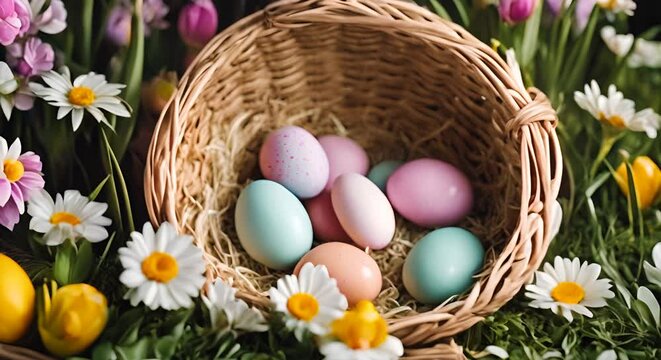 Colored eggs in a basket.