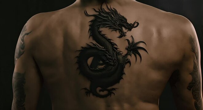 Asian man with a dragon tattoo.