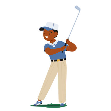 Little Boy Character, Concentrated And Joyful, Stands On Vibrant Green, Swinging His Golf Club With Youthful Enthusiasm