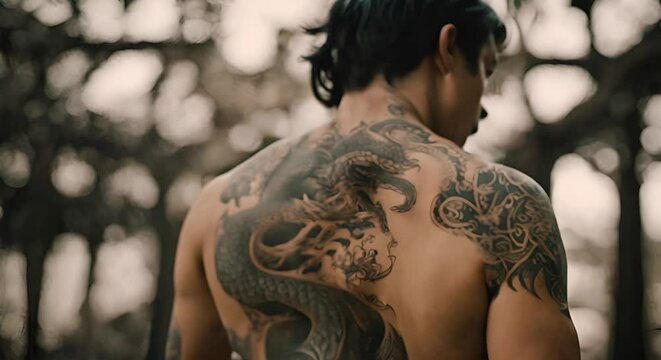 Asian man with a dragon tattoo.