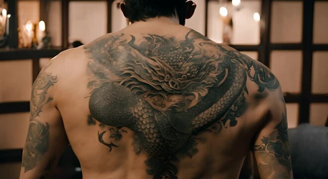 Asian man with a dragon tattoo.