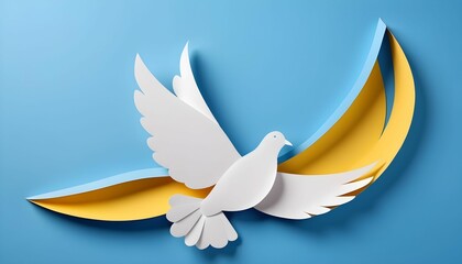 White bird flies on a blue and yellow background. International day of peace concept created with genertive ai.