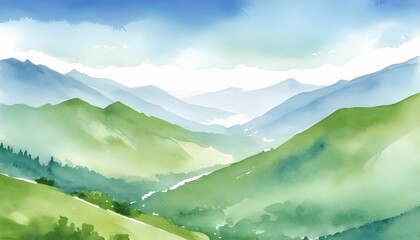  Watercolor illustration landscape of refreshing blue sky and fresh green mountains created with generative ai.