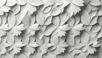 White geometric floral leaves 3d tiles wall texture background banner panorama created with generative ai. - obrazy, fototapety, plakaty
