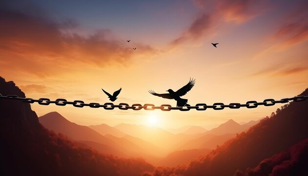 World freedom day concept Silhouette of bird flying and broken chains at autumn mountain sunset background created with generative ai.
