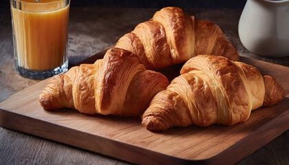 French croissants for breakfast on wooden board. Glass of orange juice. Delicious snack. Tasty pastry.