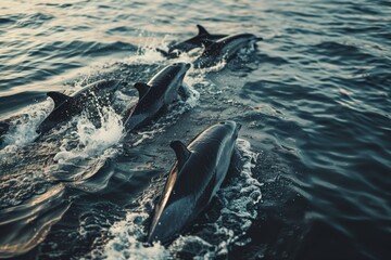 A pod of dolphins frolicking in the ocean.