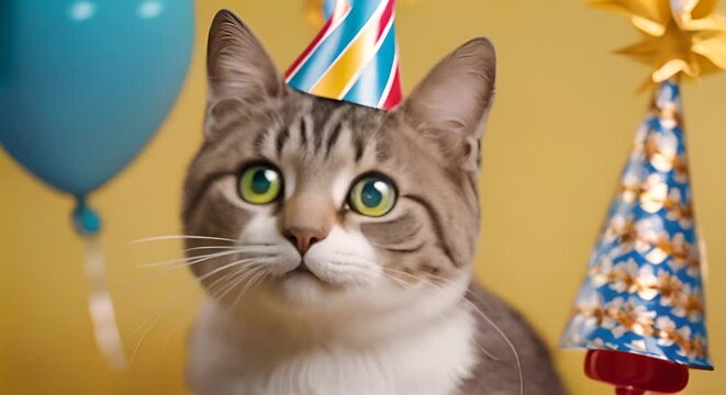 Happy cat in a birthday hat.